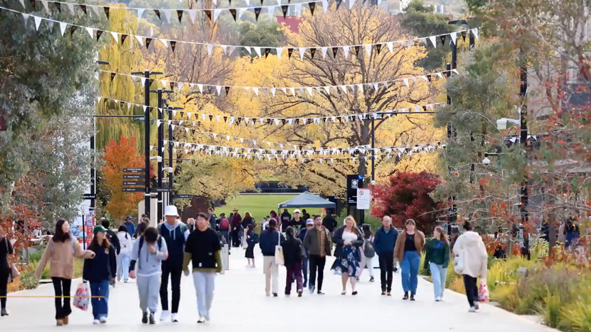 ANU Campus with students walking on University Avenue